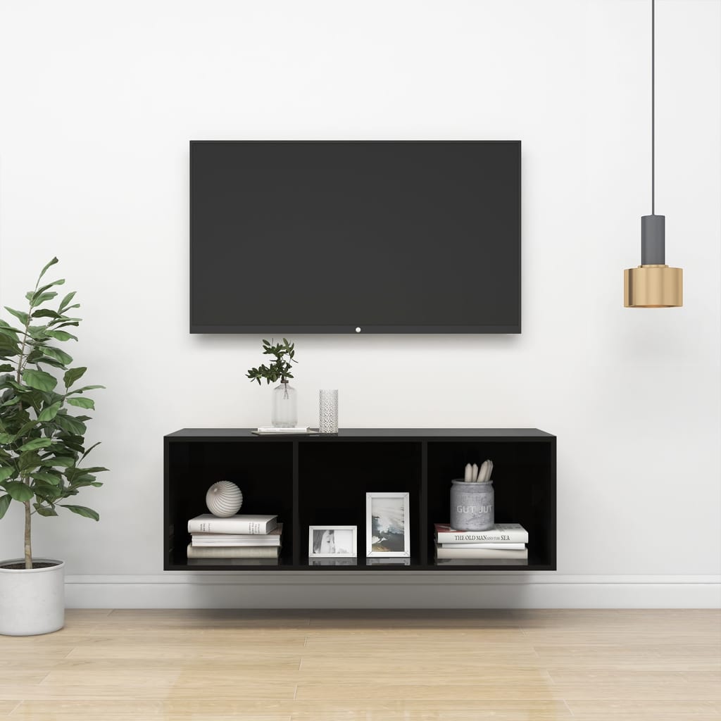 vidaXL Nástenná TV skrinka, lesklá čierna 37x37x107cm kompozitné drevo