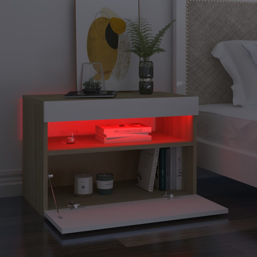 vidaXL Nočný stolík a LED svetlá 2 ks biely a dub sonoma 60x35x40 cm