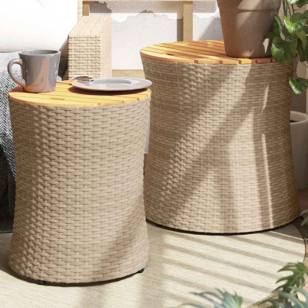 vidaXL Záhradné bočné stolíky s drevenou doskou 2 ks béžové polyratan
