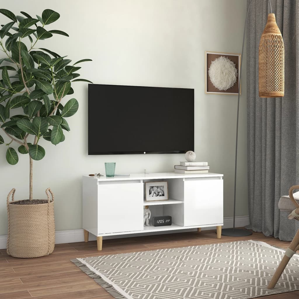 vidaXL TV stolík nohy z masívneho dreva lesklý biely 103,5x35x50 cm
