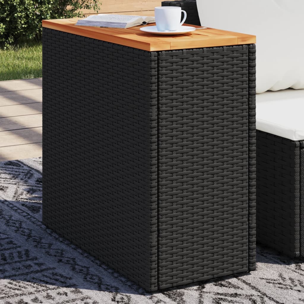 vidaXL Záhr. príručný stôl drevená doska čierny 58x27,5x55cm polyratan