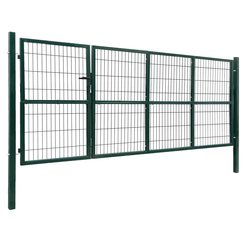 vidaXL Oceľová záhradná plotová brána so stĺpikmi 350x140 cm, zelená