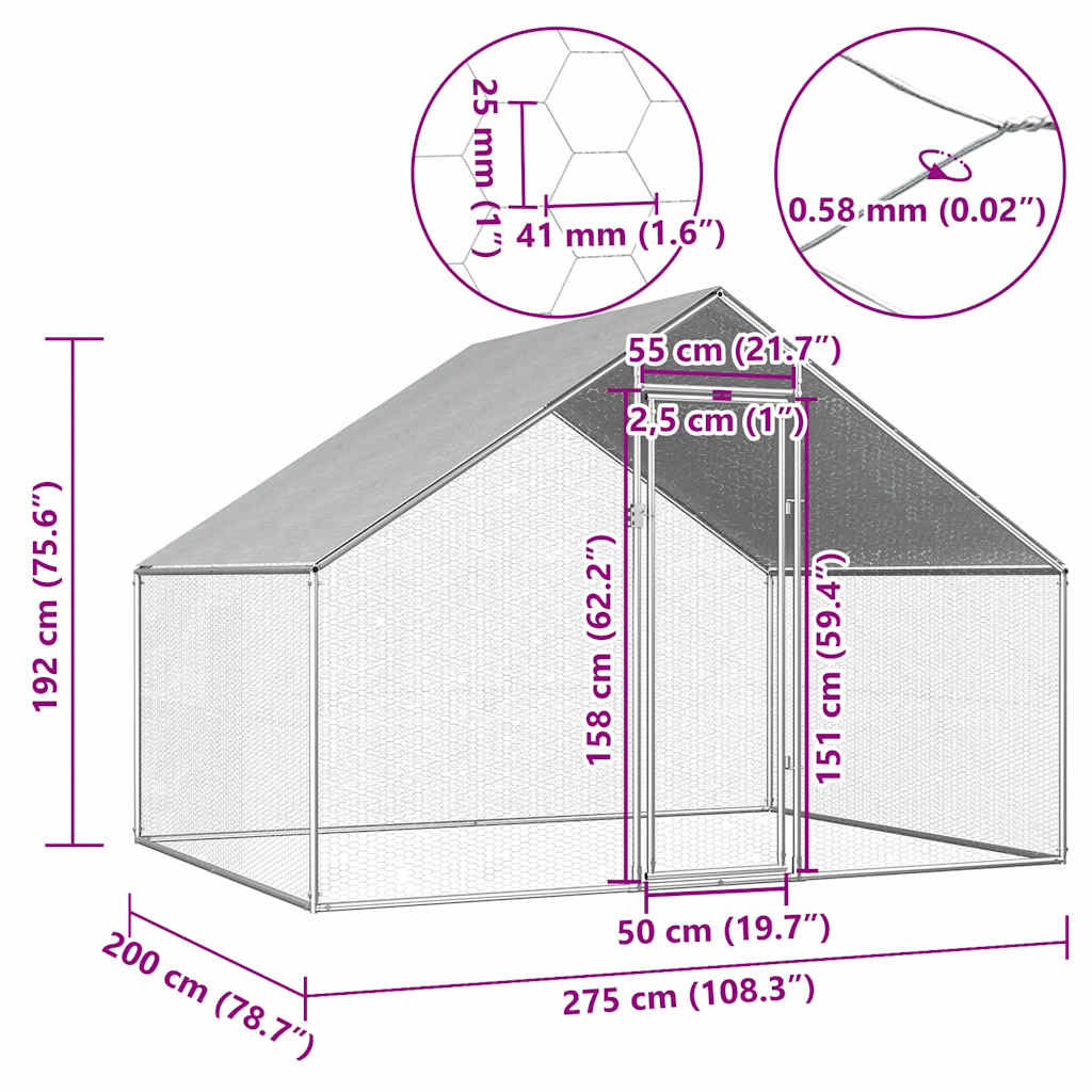 vidaXL Vonkajšia klietka pre sliepky 2,75x2x1,92 m, pozinkovaná oceľ