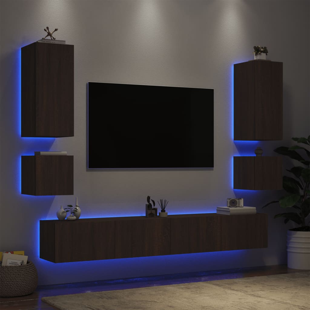 vidaXL 6-dielne TV nástenné skrinky s LED svetlami hnedý dub