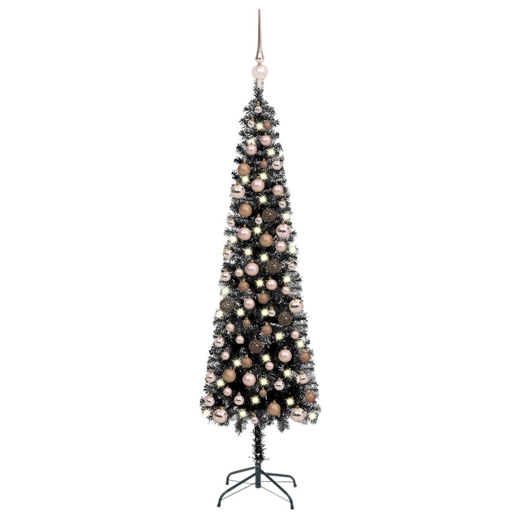 vidaXL Úzky osvetlený vianočný stromček s guľami, čierny 210 cm