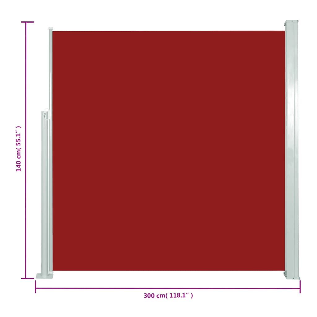 vidaXL Zaťahovacia bočná markíza na terasu 140x300 cm červená