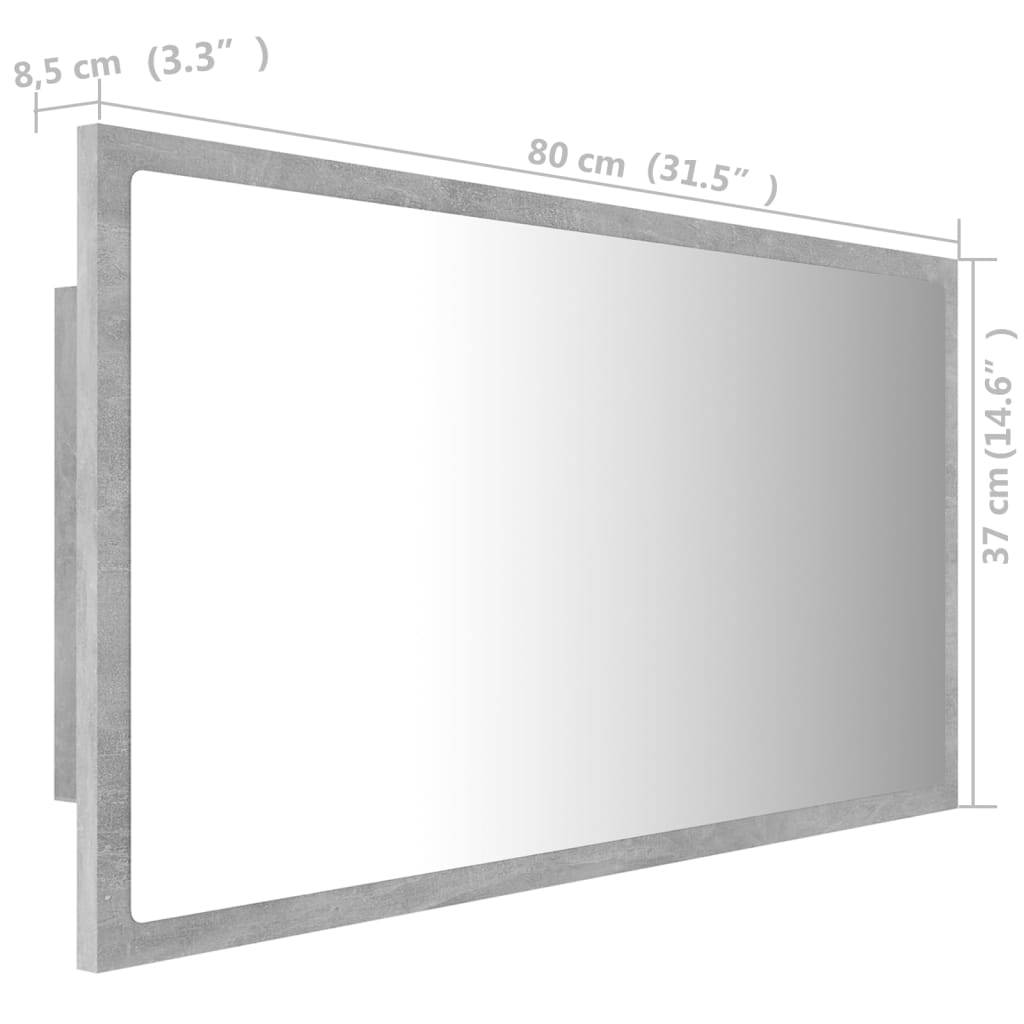 vidaXL Kúpeľňové zrkadlo s LED, betónovo sivé 80x8,5x37cm, akryl