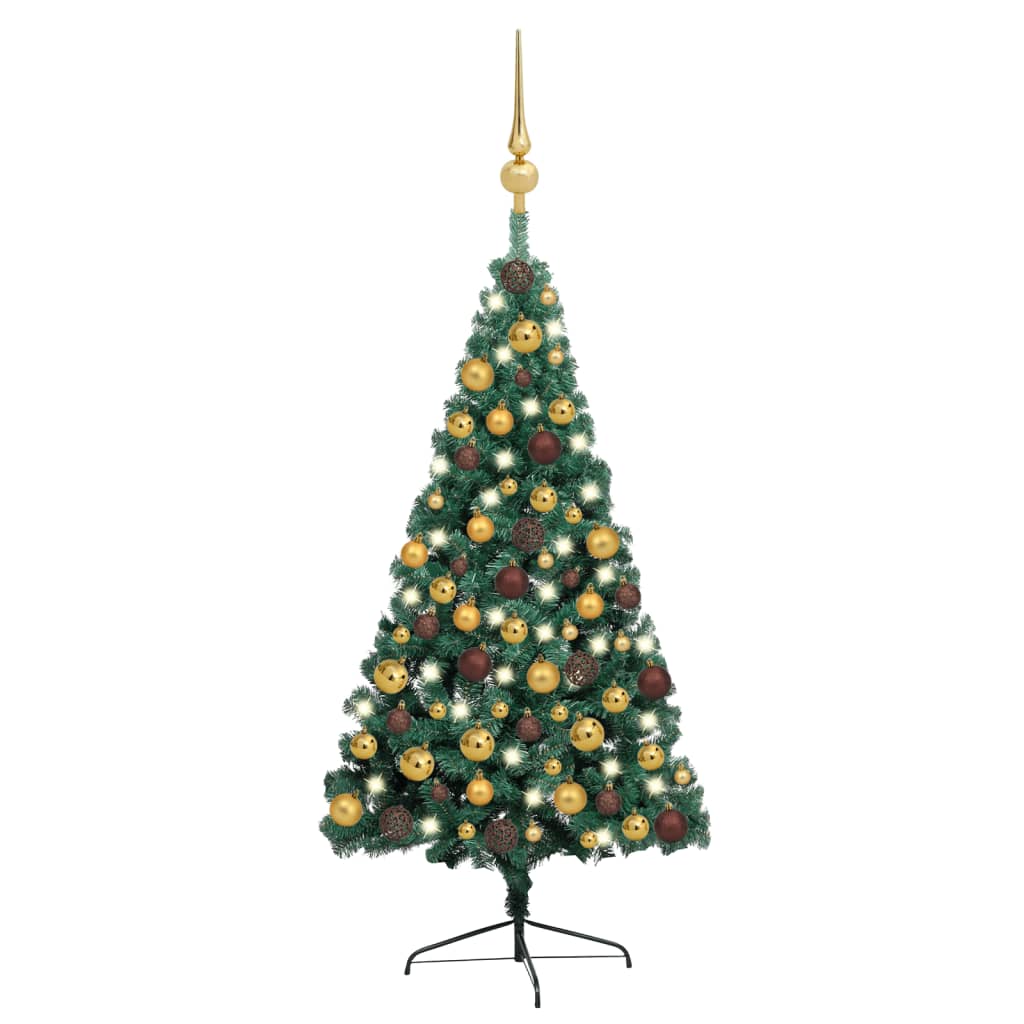 vidaXL Osvetlený umelý polovičný vianočný stromček+gule, zelený 150 cm