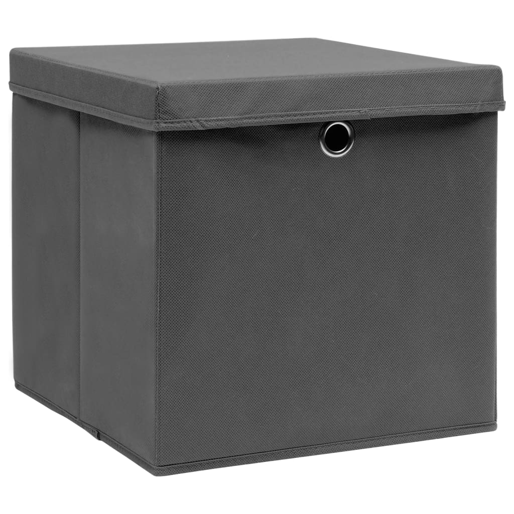 vidaXL Úložné boxy s vekom 10 ks, sivé 32x32x32 cm, látka