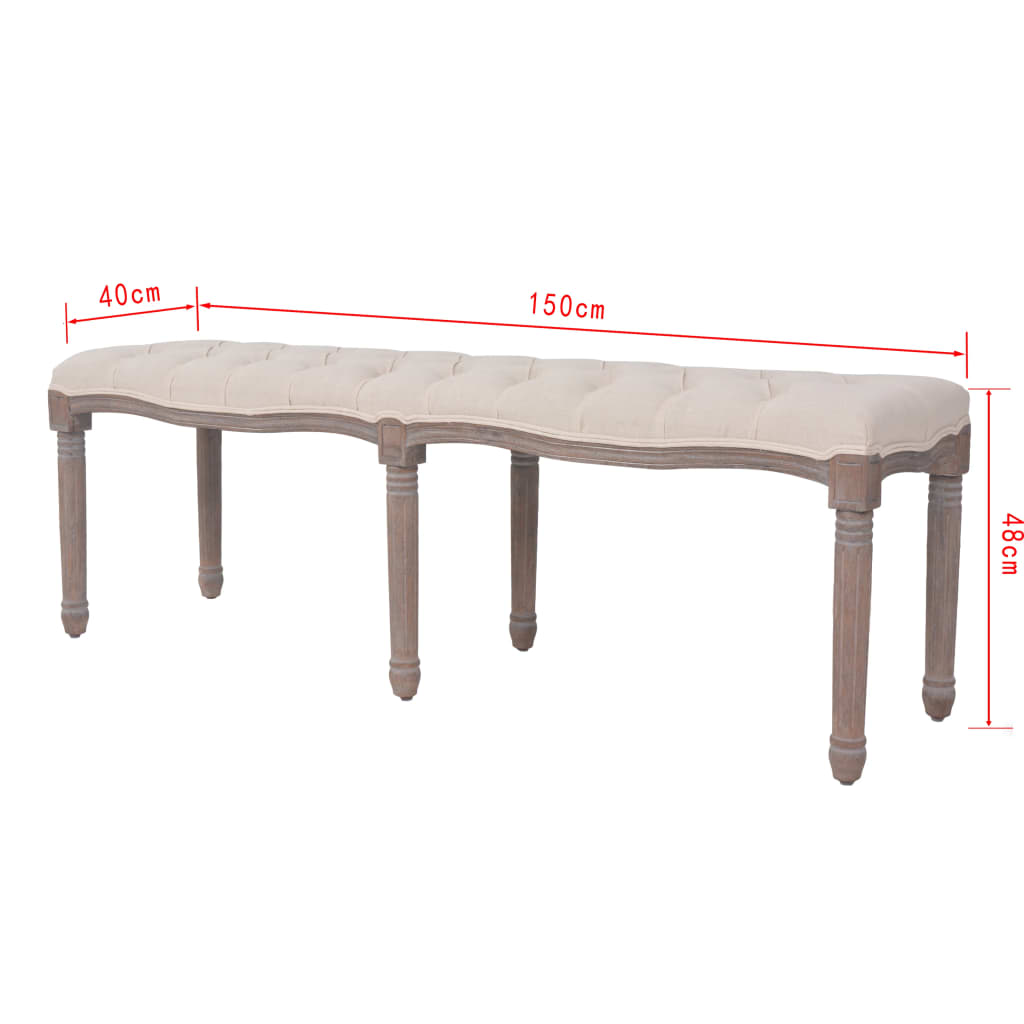 vidaXL Drevená lavica s plátnovým čalúnením, 150x40x48 cm, krémovo-biela