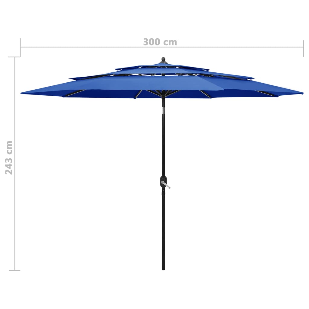 vidaXL 3-stupňový slnečník s hliníkovou tyčou azúrovo-modrý 3 m