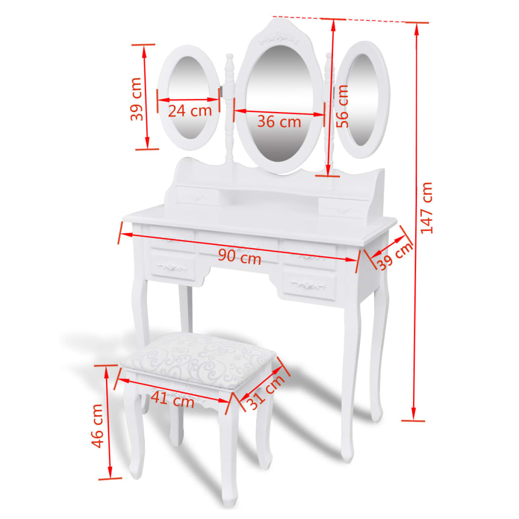 vidaXL Toaletný stolík so stoličkou a 3 zrkadlami, biely