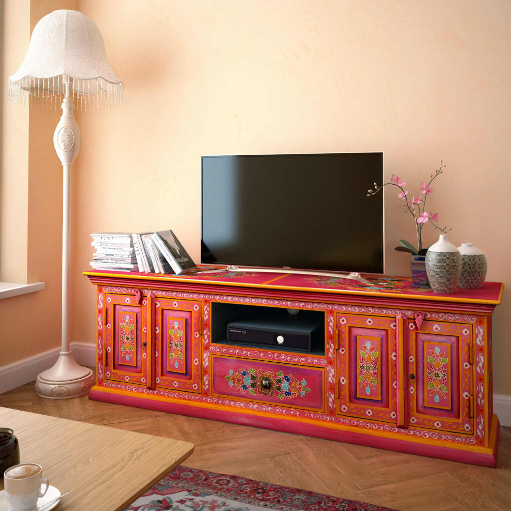 vidaXL Ružový TV stolík z mangového dreva, ručne maľovaný