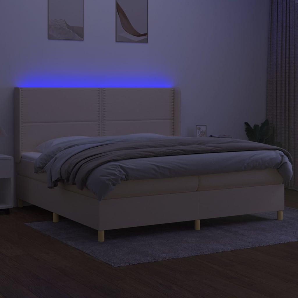 vidaXL Posteľ boxsping s matracom a LED krémová 200x200 cm látka