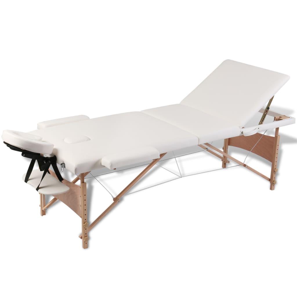vidaXL Krémovo biely skladací masážny stôl, 3 zóny, drevený rám