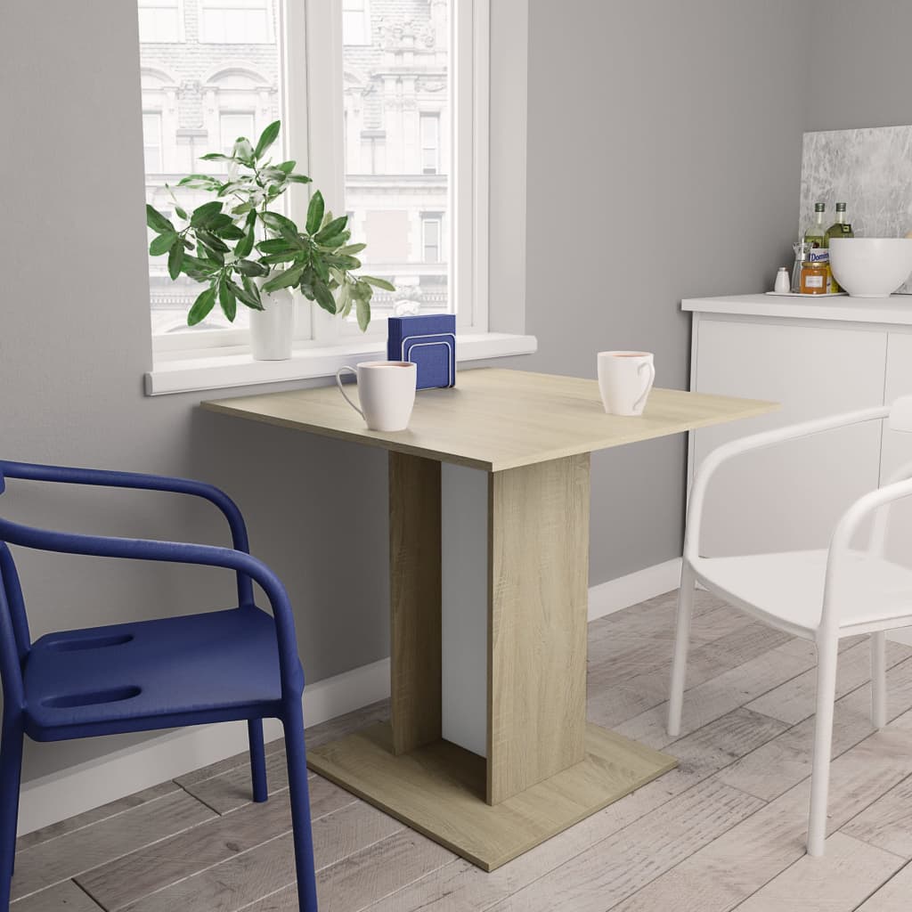 vidaXL Jedálenský stôl, biela+dub sonoma 80x80x75 cm, kompozitné drevo