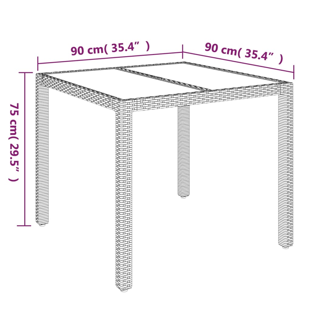 vidaXL Záhradný stôl so sklenenou doskou sivý 90x90x75 cm polyratan