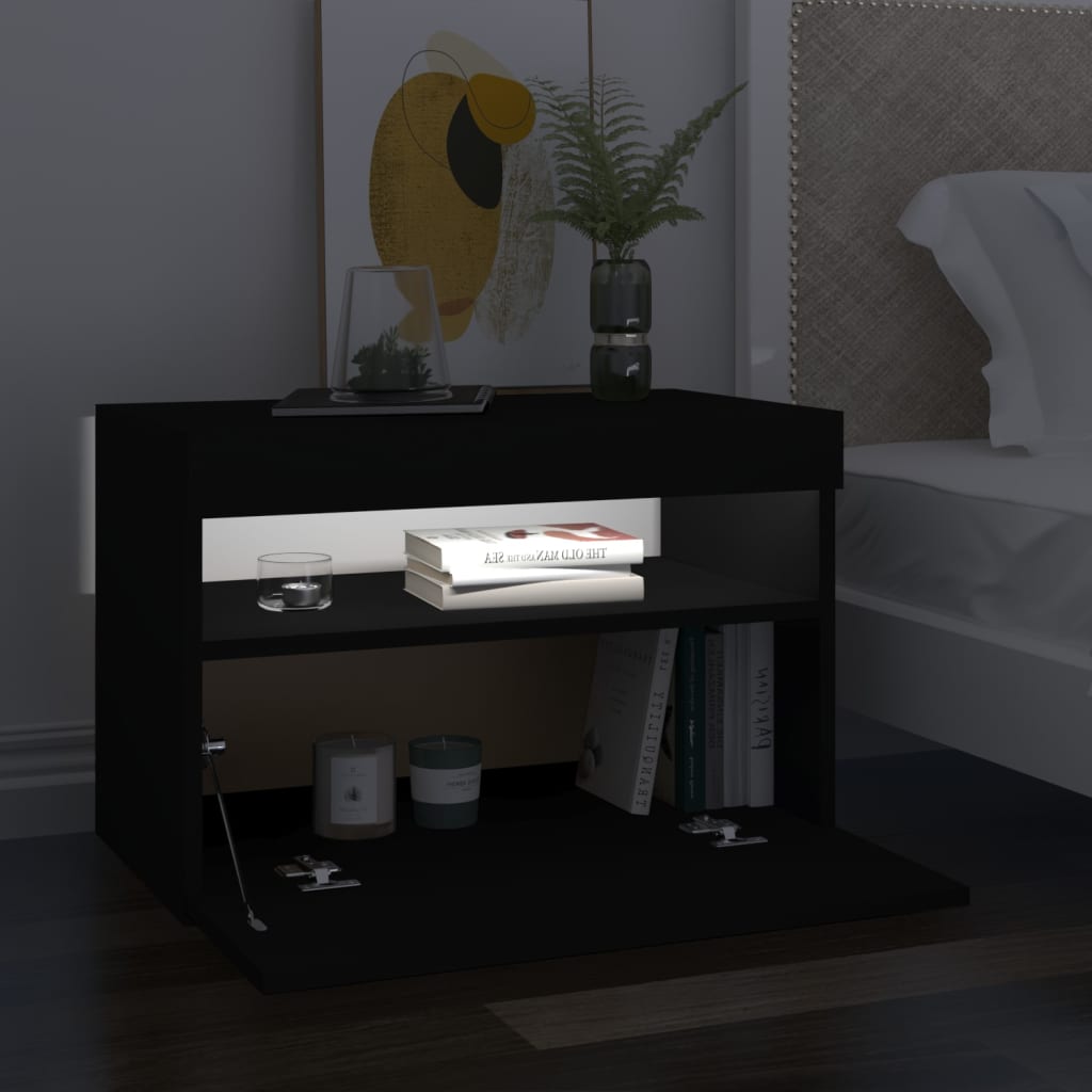 vidaXL Nočný stolík a LED svetlá čierny 60x35x40 cm spracované drevo