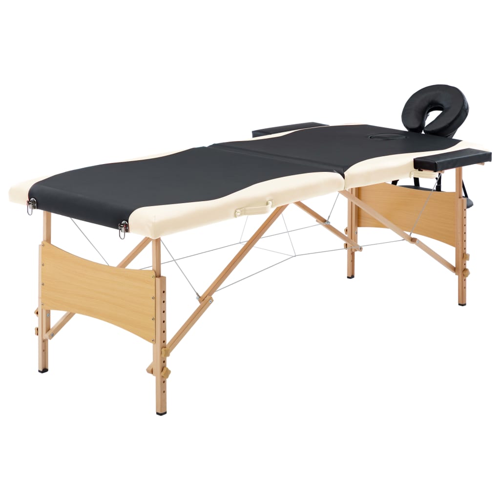 vidaXL Skladací masážny stôl, 2 zóny, drevo, čierno béžový