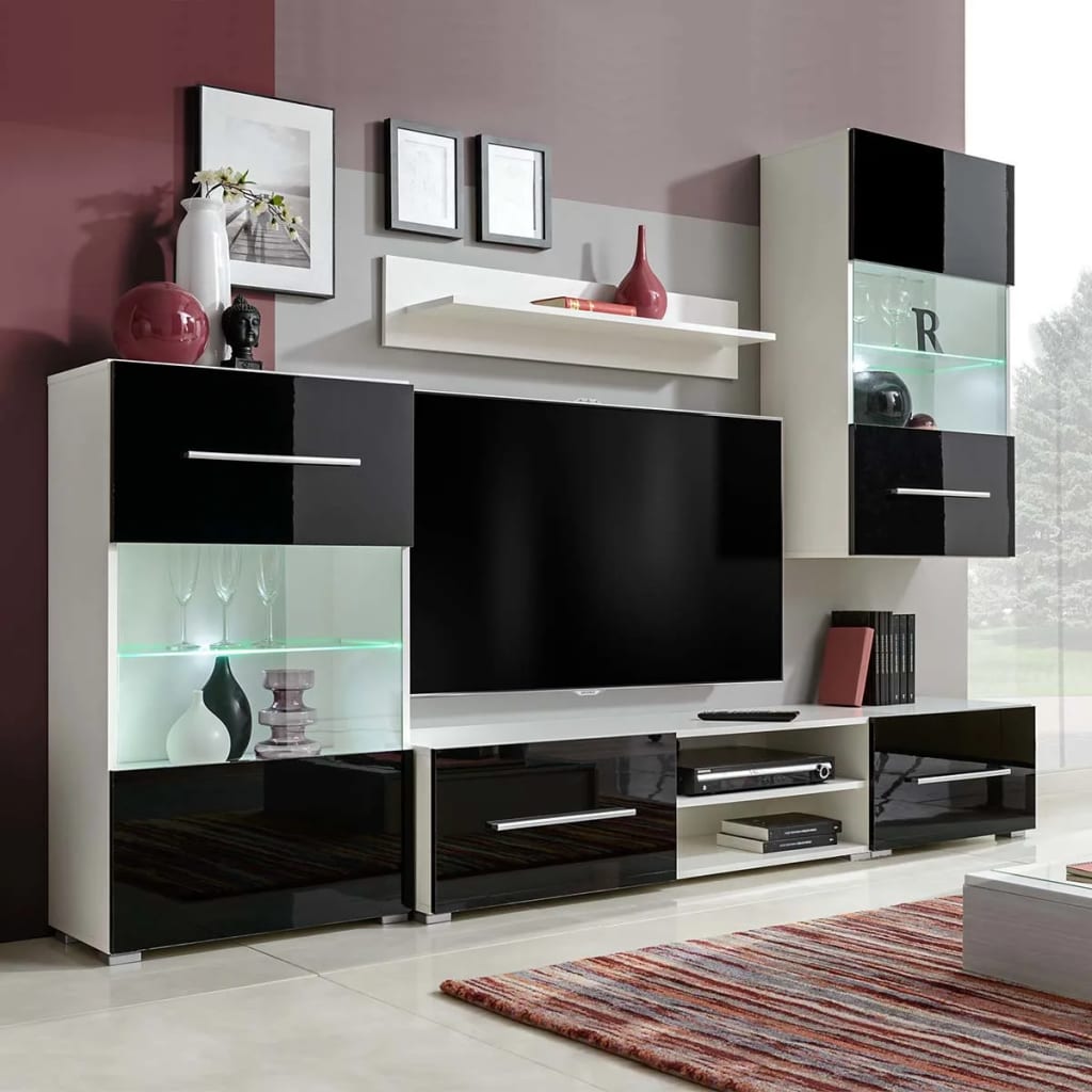 vidaXL 5-dielna obývacia/TV stena s LED osvetlením, čierna
