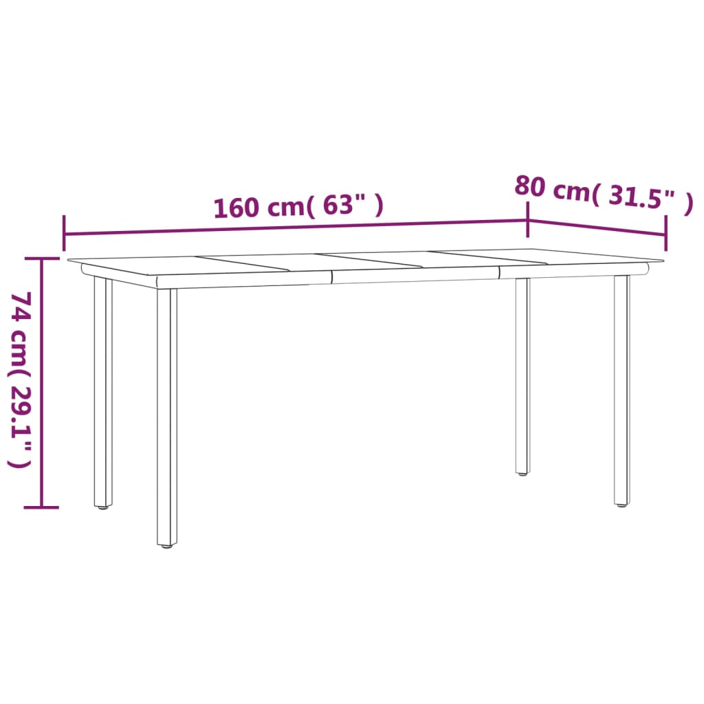 vidaXL Záhradný jedálenský stôl čierny 160x80x74cm oceľ a tvrdené sklo