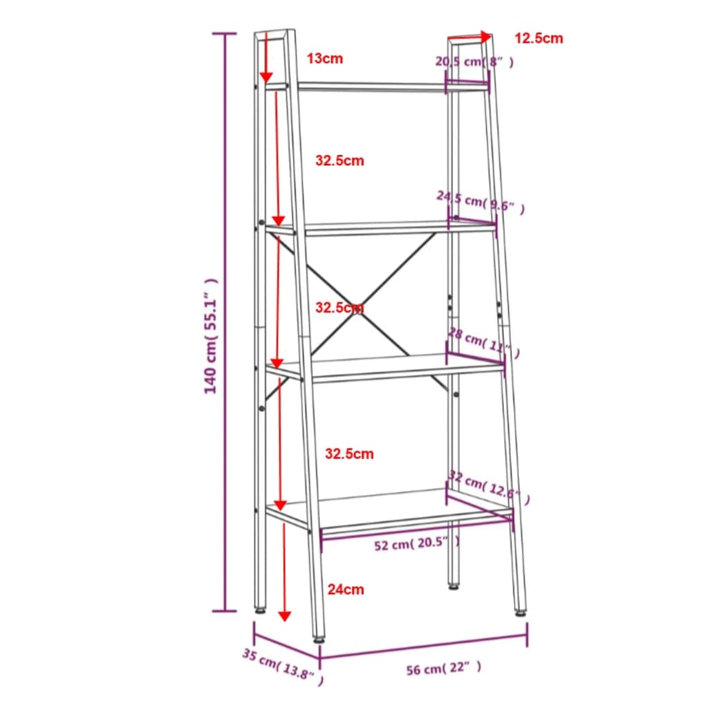 vidaXL 4-poschodová rebríková polica tmavohnedá a čierna 56x35x140 cm