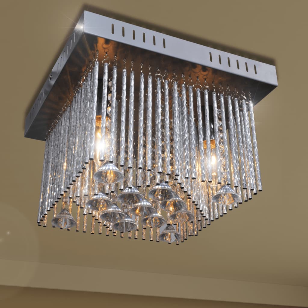 Štvorcová stropná lampa s krištáľovými a hliníkovými ozdobami