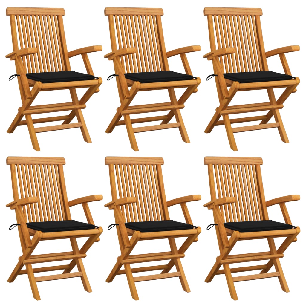vidaXL Záhradné stoličky, čierne podložky 6 ks, tíkový masív