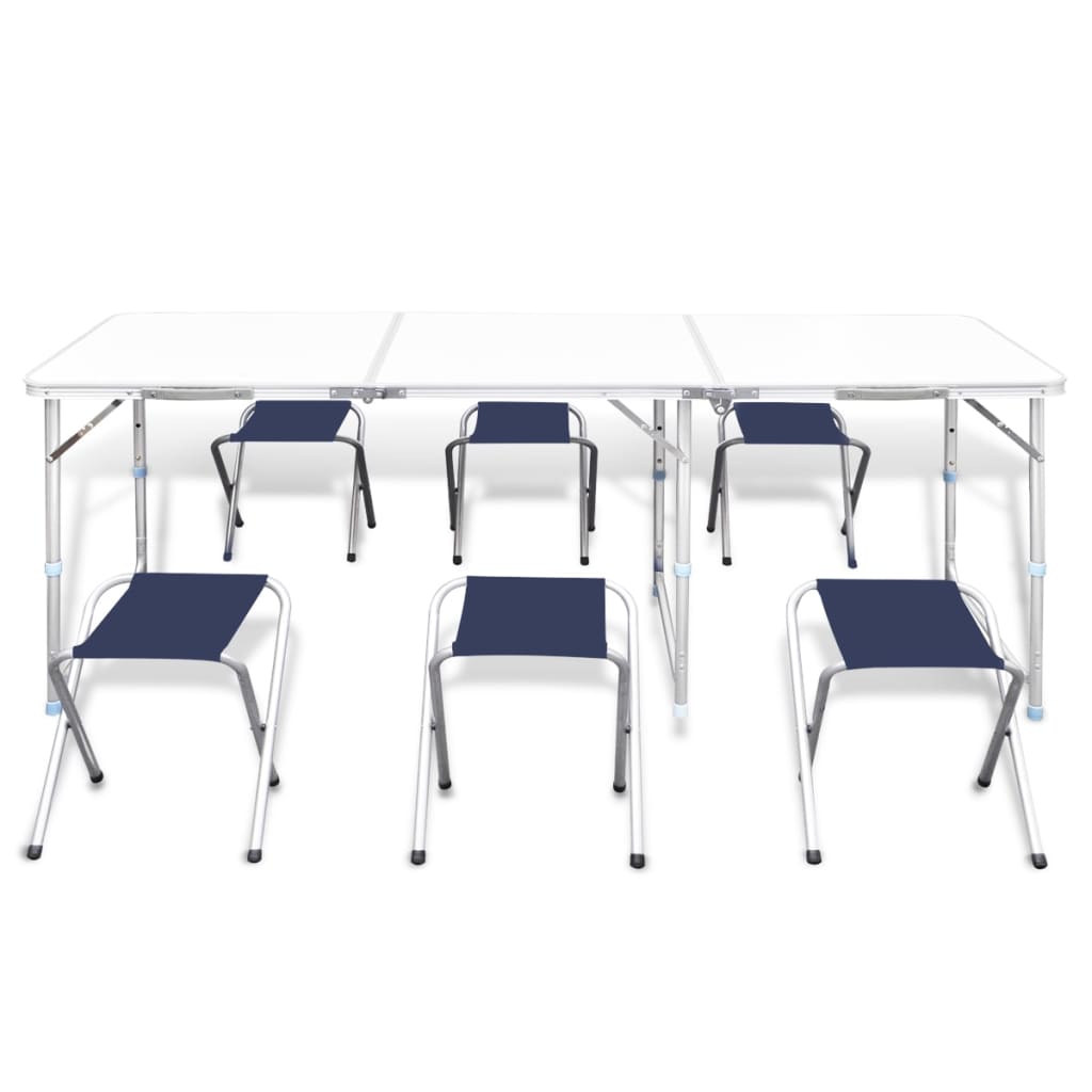 Skladací kempingový set, stôl+6 stoličiek, nastaviteľná výška 180x60cm