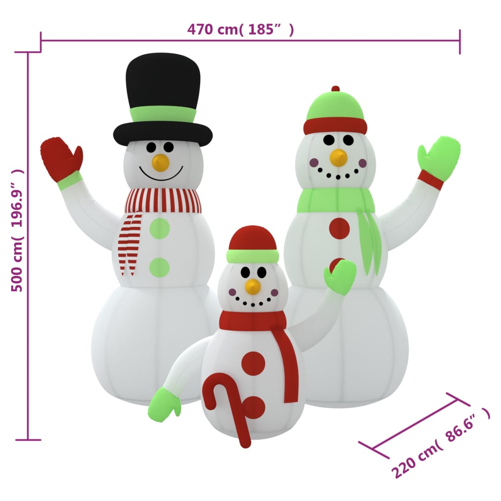 vidaXL Nafukovacia rodinka snehuliakov s LED 500 cm