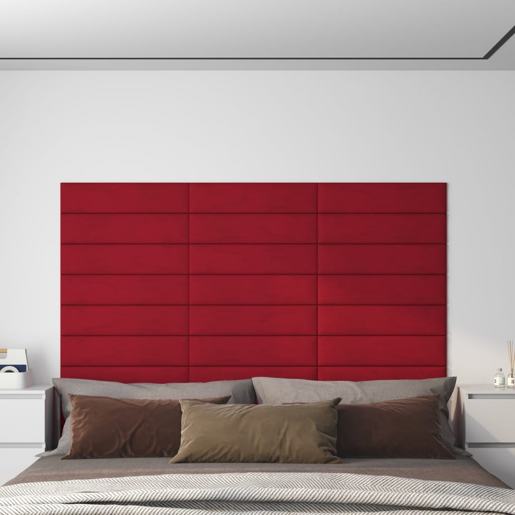 vidaXL Nástenné panely 12 ks vínovočervené 60x15 cm zamat 1,08 m²