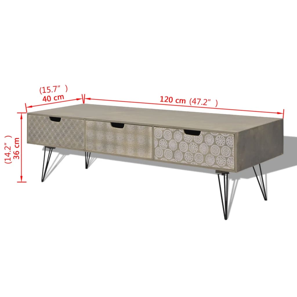 vidaXL Televízny stolík s 3 zásuvkami, 120x40x36 cm, šedá