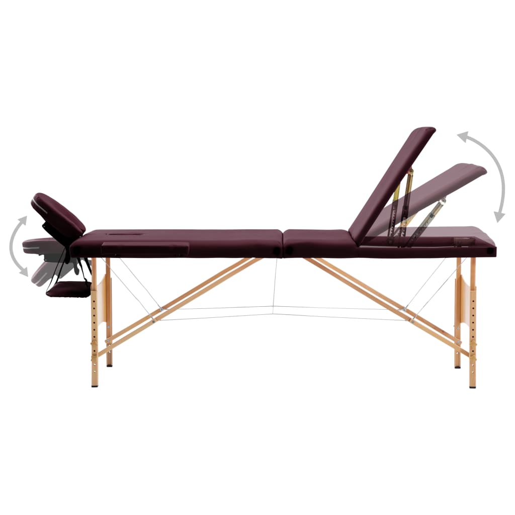 vidaXL Skladací masážny stôl, 3 zóny, drevo, vínovo fialový