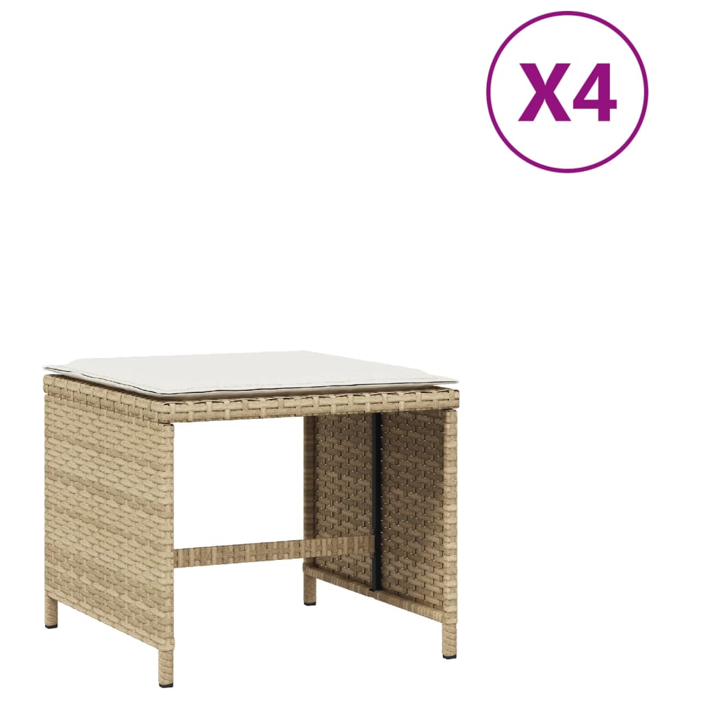 vidaXL Záhradné taburetky s vankúšmi 4 ks béžové 41x41x36 cm polyratan