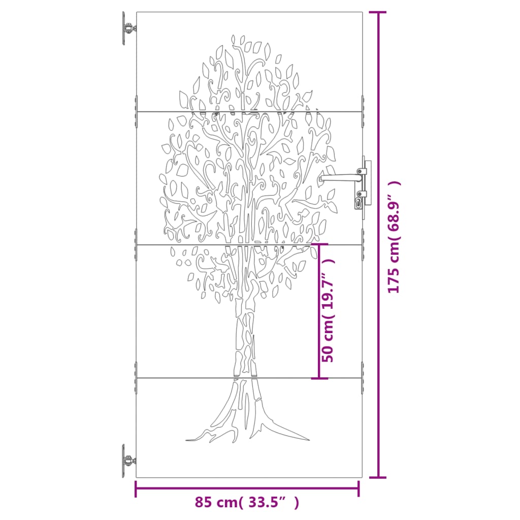 vidaXL Záhradná brána 85x175 cm kortenová oceľ dizajn stromu