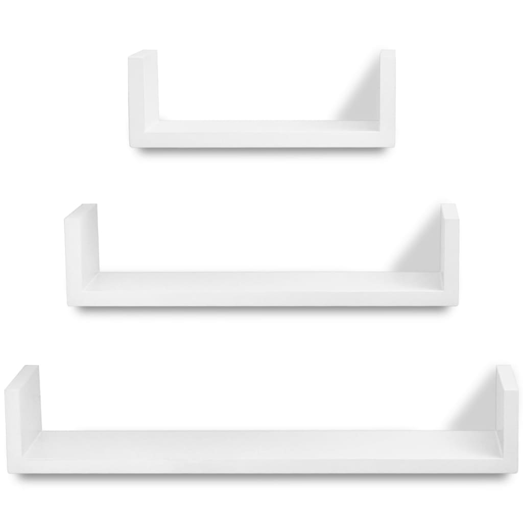 3 biele nástenné police v tvare U na knihy/DVD, MDF