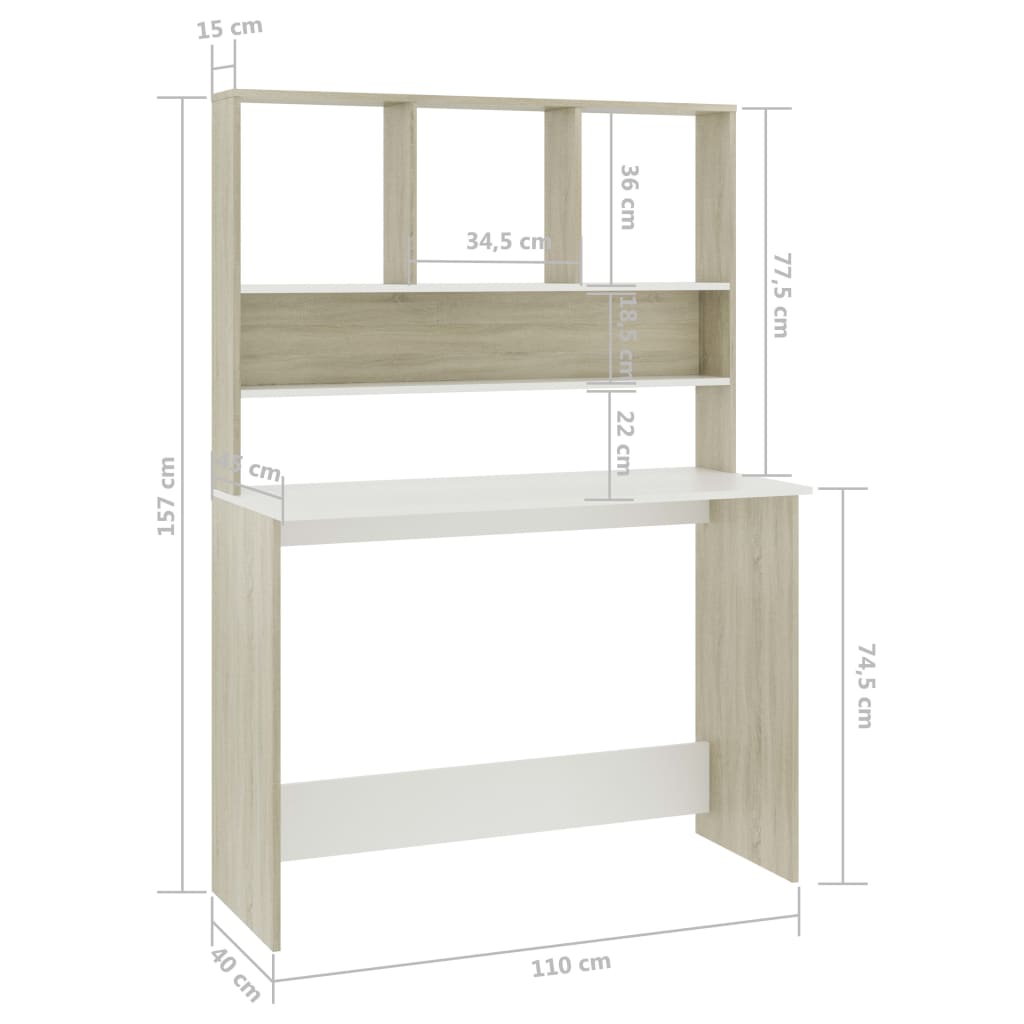 vidaXL Stôl s policami, biela a sonoma 110x45x157 cm, kompozitné drevo