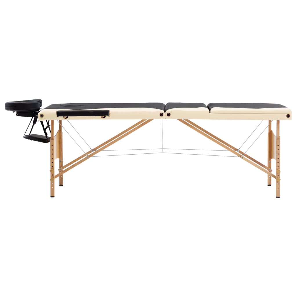 vidaXL Skladací masážny stôl, 3 zóny, drevo, čierno béžový