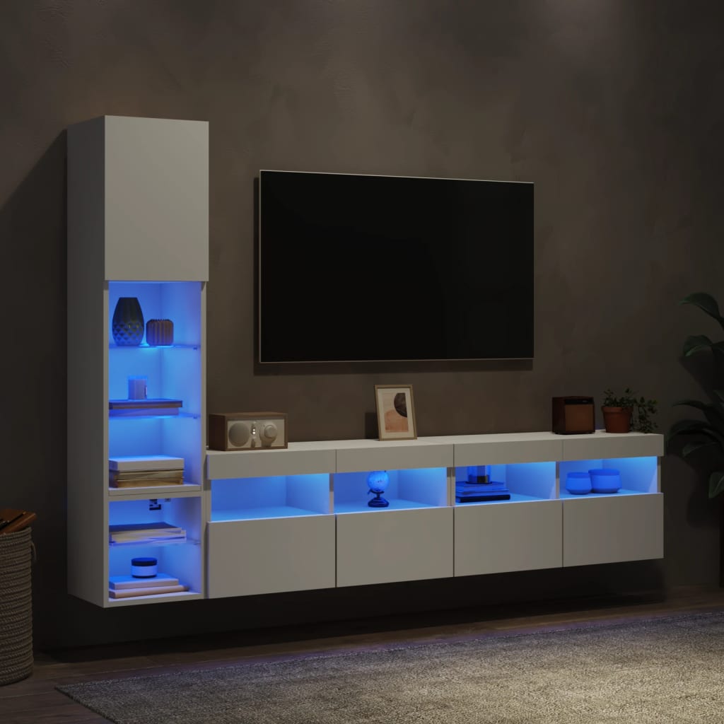 vidaXL 4-dielne TV nástenné skrinky s LED biele kompozitné drevo