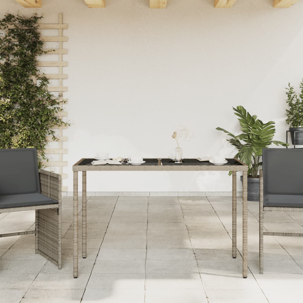 vidaXL Záhradný stôl so sklenenou doskou sivý 115x54x74 cm polyratan