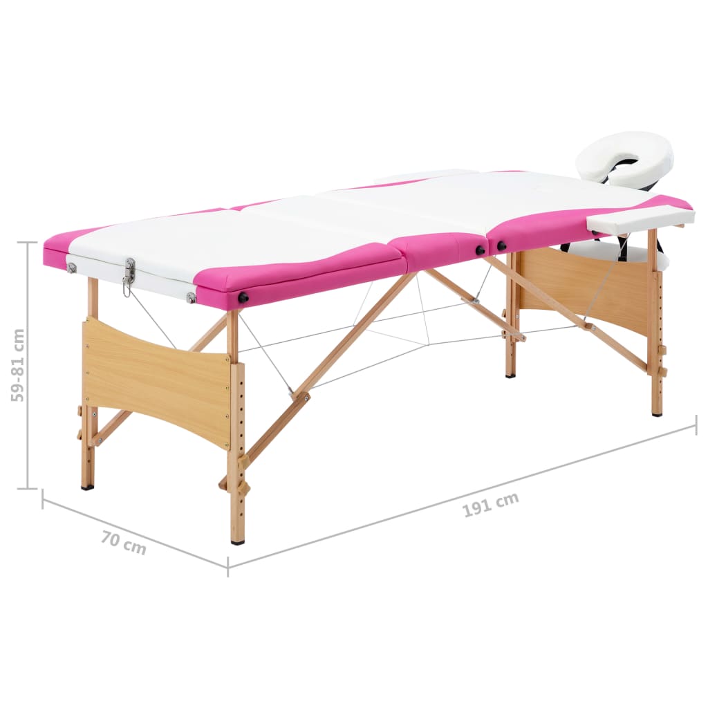 vidaXL Skladací masážny stôl, 3 zóny, drevo, bielo ružový