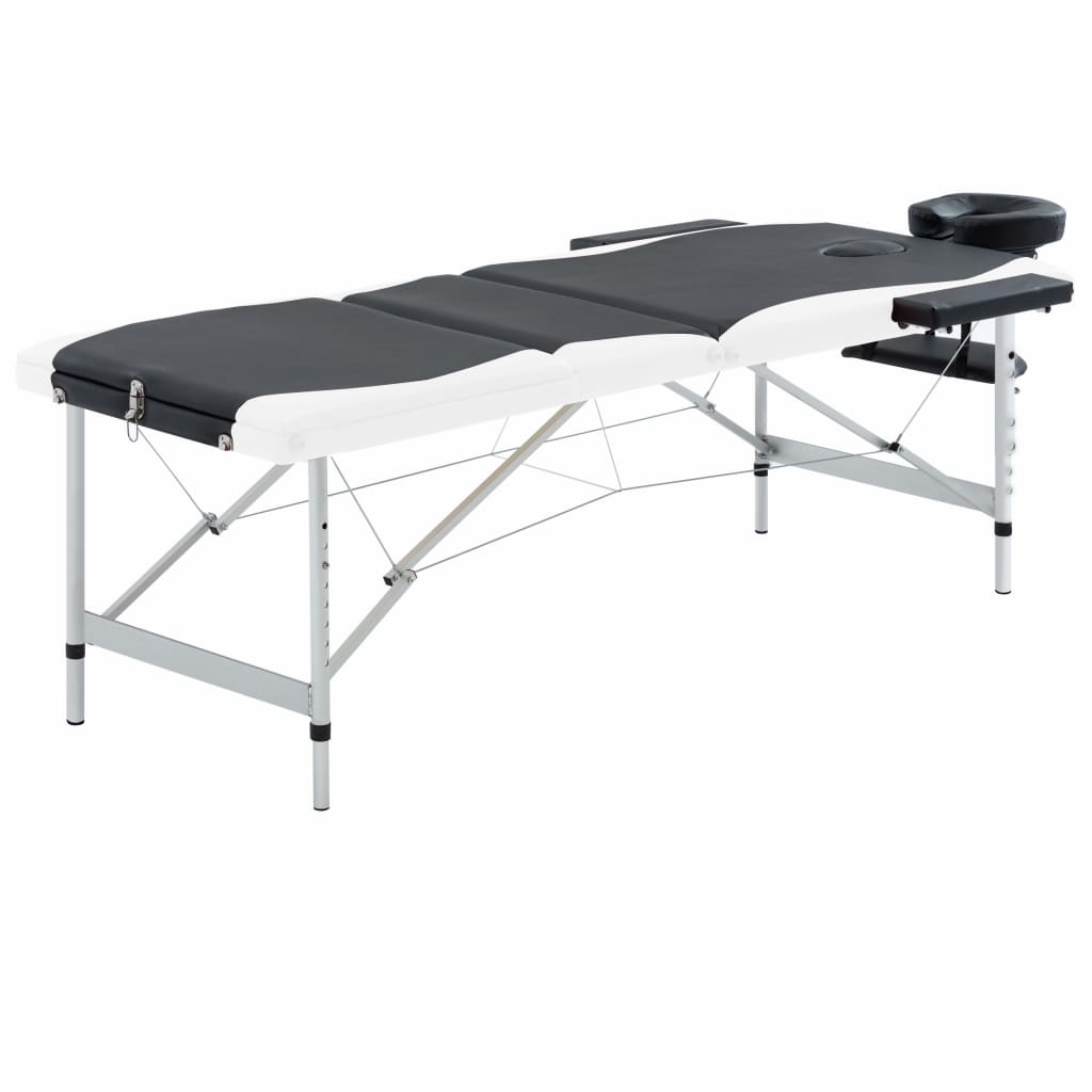 vidaXL Skladací masážny stôl, 3 zóny, hliník, čierno biely