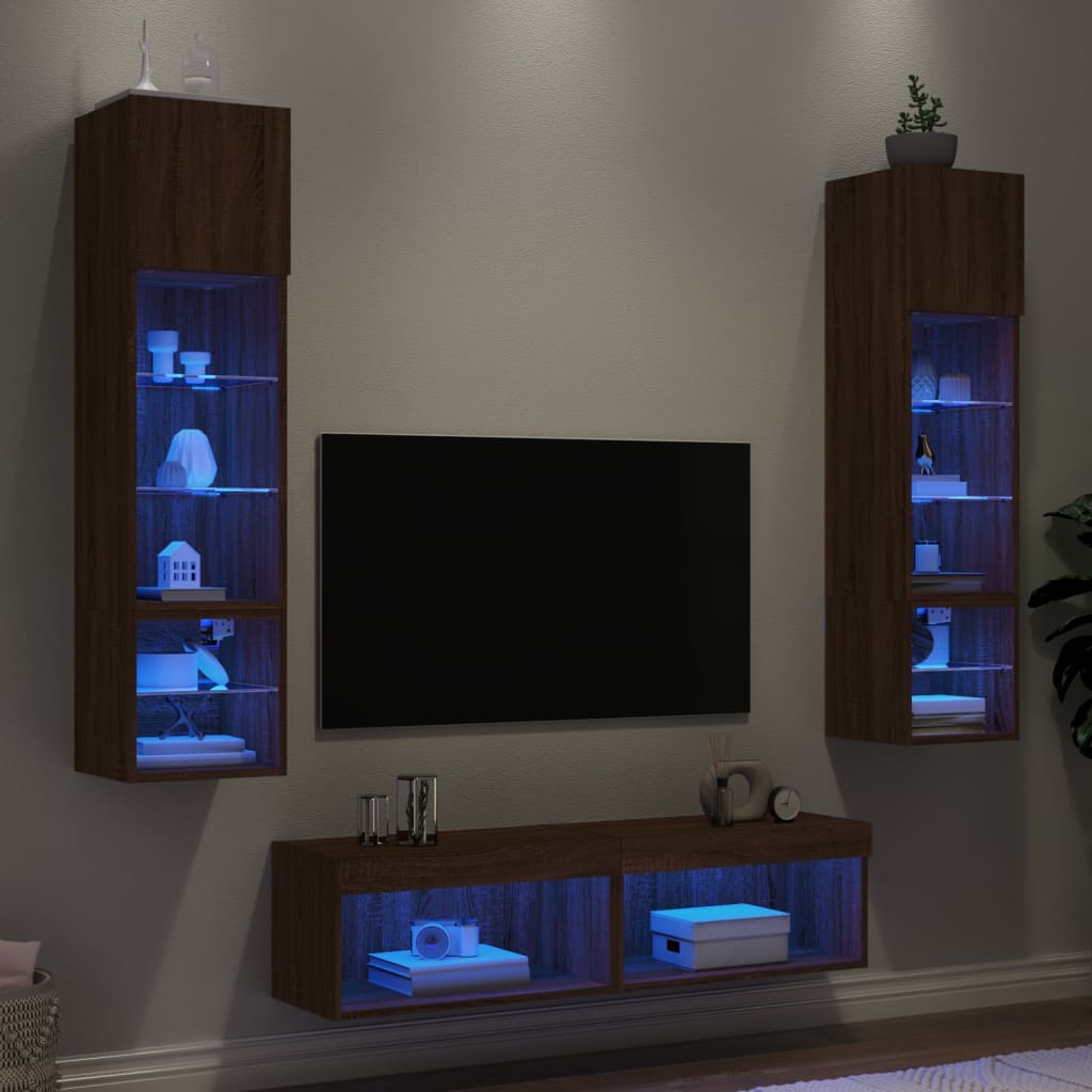 vidaXL 6-dielne TV nástenné skrinky s LED hnedý dub kompozitné drevo