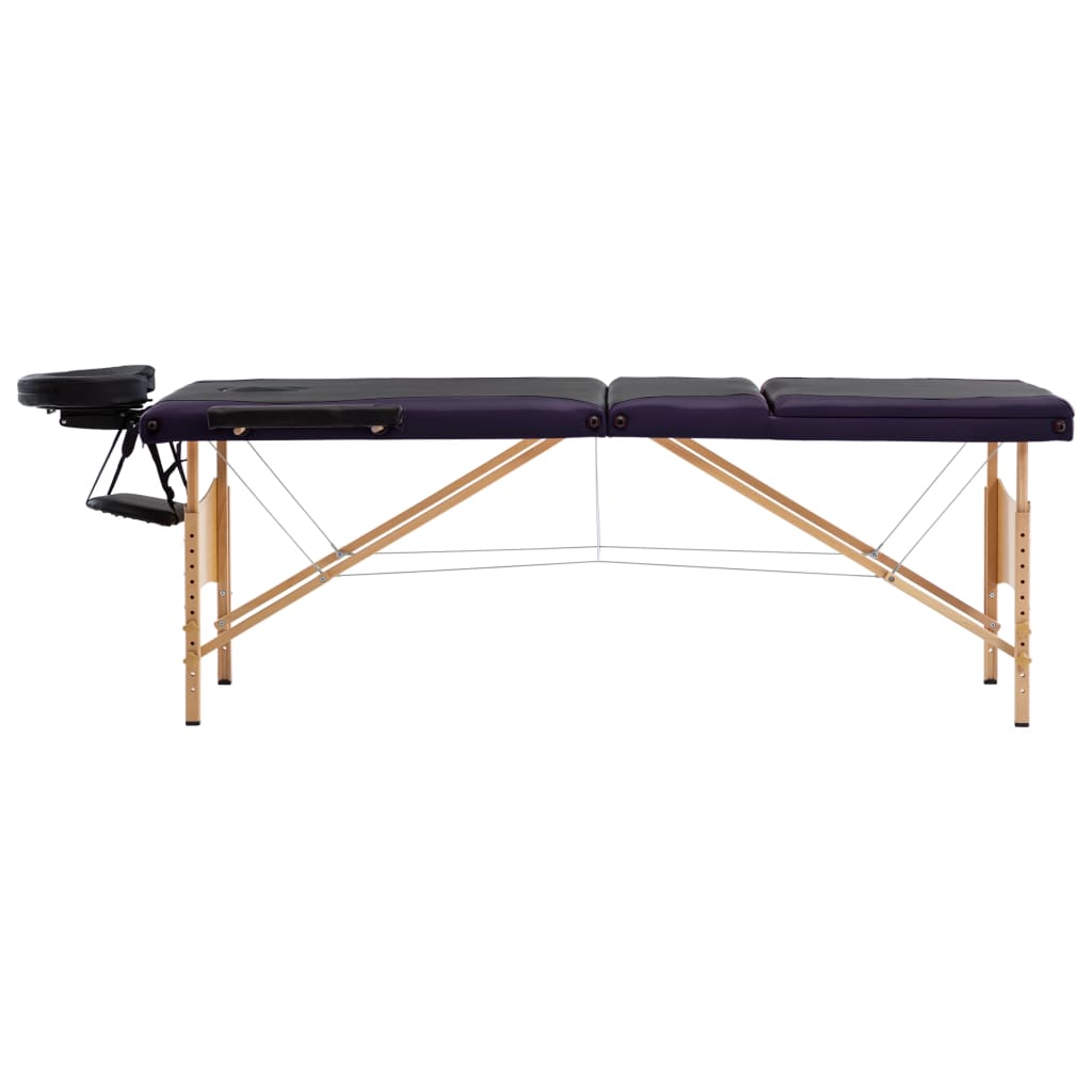 vidaXL Skladací masážny stôl, 3 zóny, drevo, čierno fialový