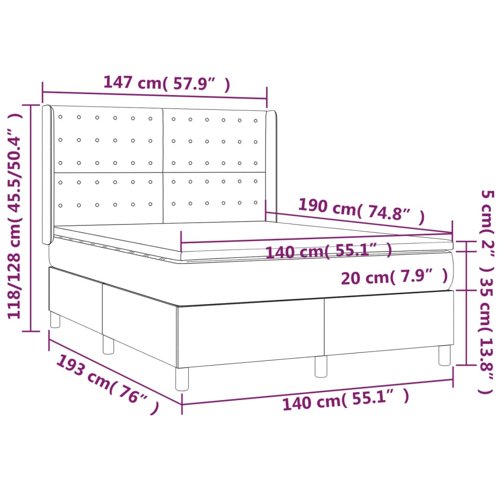 vidaXL Posteľný rám boxsping s matracom a LED ružový 140x190 cm zamat