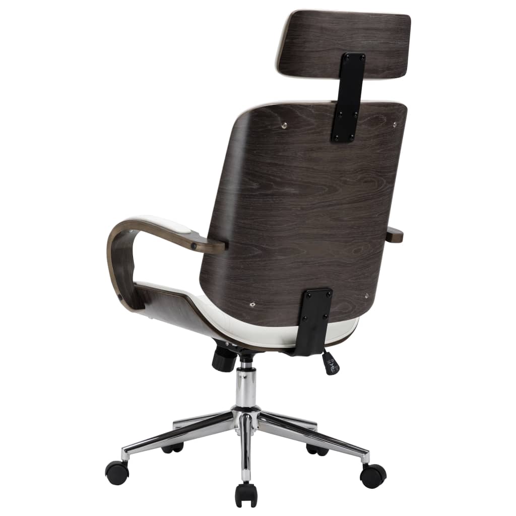 Otočná kancelárska stolička s opierkou hlavy biela umelá koža a ohýbané drevo