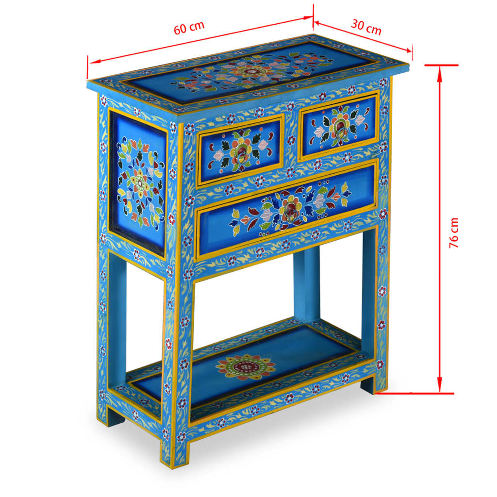 vidaXL Prístavný stolík z mangovníkového dreva so zásuvkami, tyrkysový, ručne maľovaný