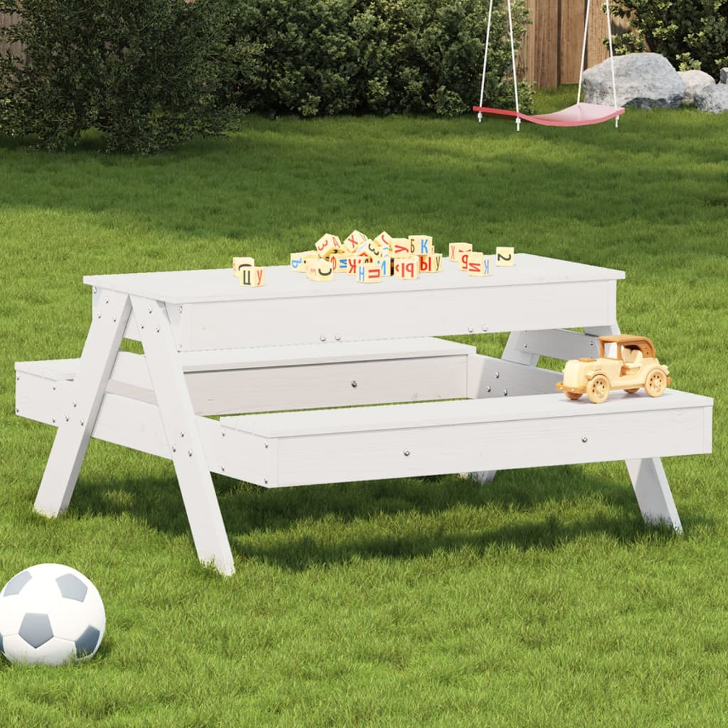 vidaXL Piknikový stôl s pieskoviskom pre deti, biely, borovicový masív
