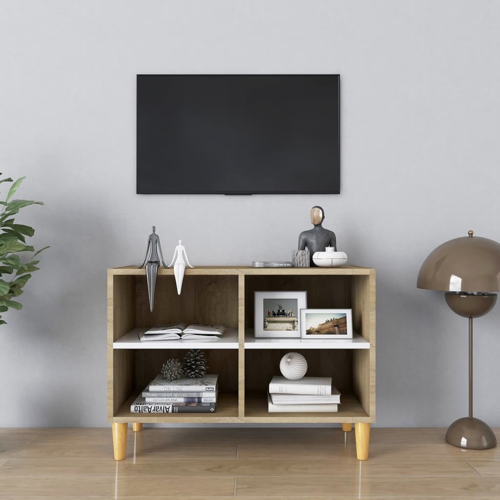 vidaXL TV skrinka, nohy z dreveného masívu, biela+sonoma 69,5x30x50 cm