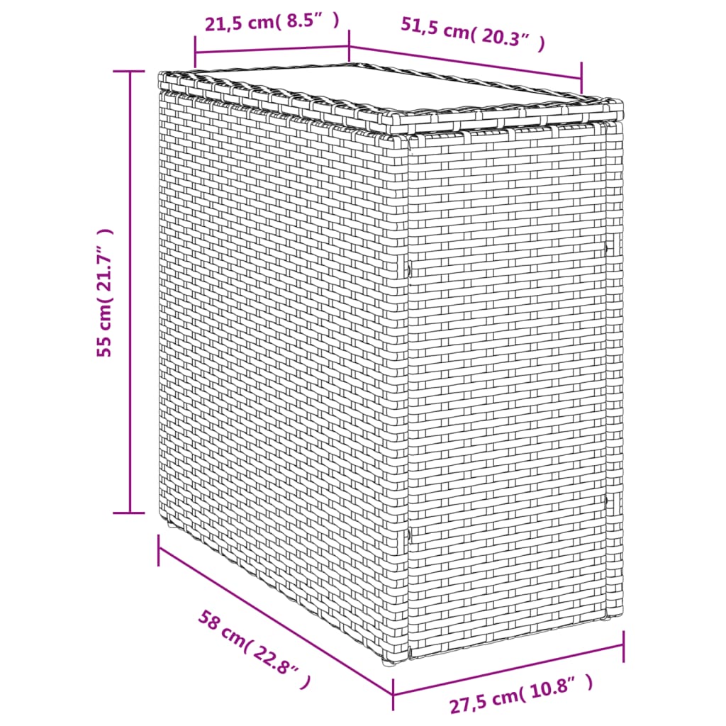 vidaXL Záhrad. príručný stôl sklen. doska sivý 58x27,5x55cm polyratan
